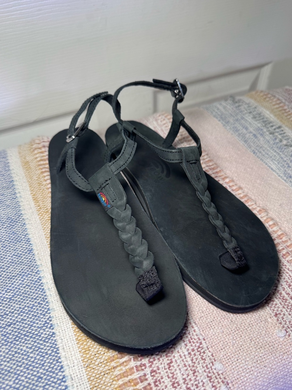 Rainbow Braided T-Strap Sandals
